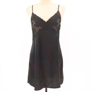 Black Lace Trim Slip Dress Mini Coquette Dark Fairy Grunge Y2K Lingerie Size M‎